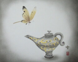 『ランプと蝶』
紙本・額装・墨・顔彩
237×268mm