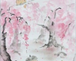 『子鬼と桜』
紙本・軸装・墨・顔彩
582×232mm